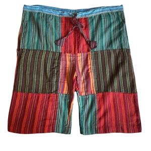 Kathmandu Boho Quilted Striped Draw String Slouchy Bermuda Cotton Shorts Large